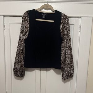 Bailey 44 Black Top with Leopard Print Sleeves